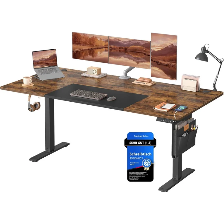 SONGMICS Höhenverstellbarer Schreibtisch elektrisch, 180 x 80 cm, stufenlos verstellbar, Memory-Funktion mit 4 Höhen, USB-C-Anschluss, vintagebraun-mattschwarz – Bild 1