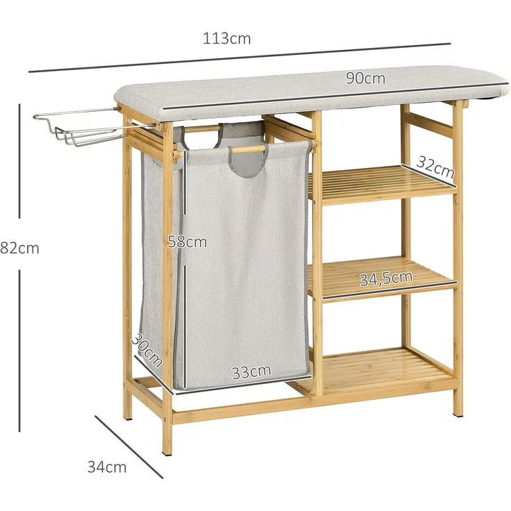 Wäschekorb 57,4 L Wäschesammler mit Bügelbrett und Bügeleisen, Wäschebox mit 3-Ebenen-Regal, ausziehbar und abnehmbare Tasche--Natürlich--113x34x82cm--YOUDENOVA – Bild 3