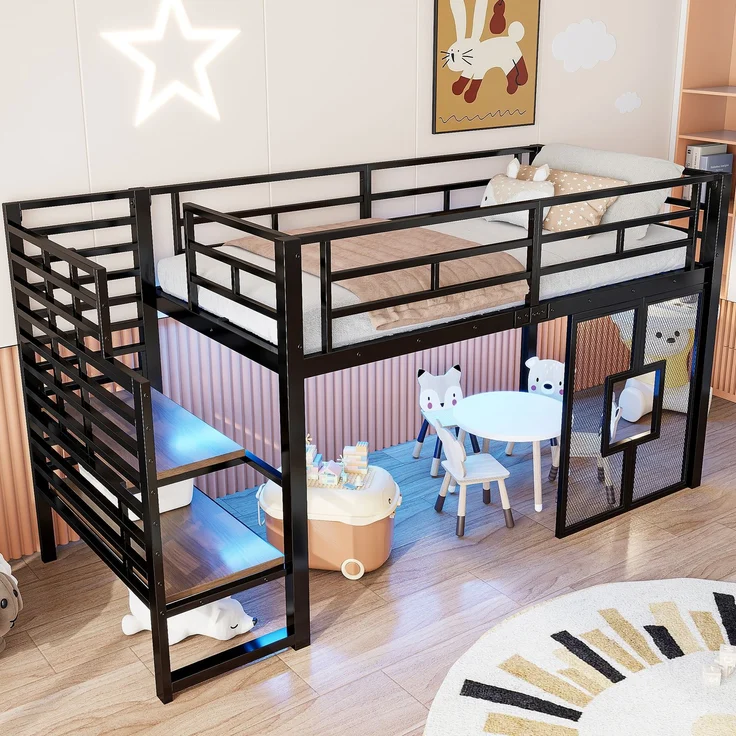 U-life Metall-Hochbett 90x200 cm mit Stauraumtreppe, LED-Beleuchtung und Fenster, Schwarz – Bild 4