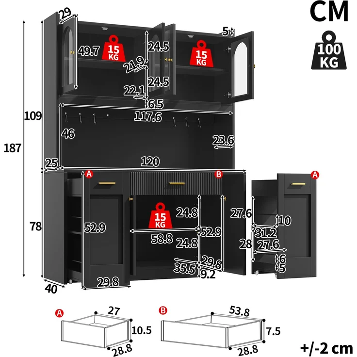 Hochküchenschrank 120cm mit RGB-LED, App-Steuerung, 3 Glasvitrinen, Schubkästen & beidseitigen Roll-Ablagen, Weiß/Schwarz – Bild 5