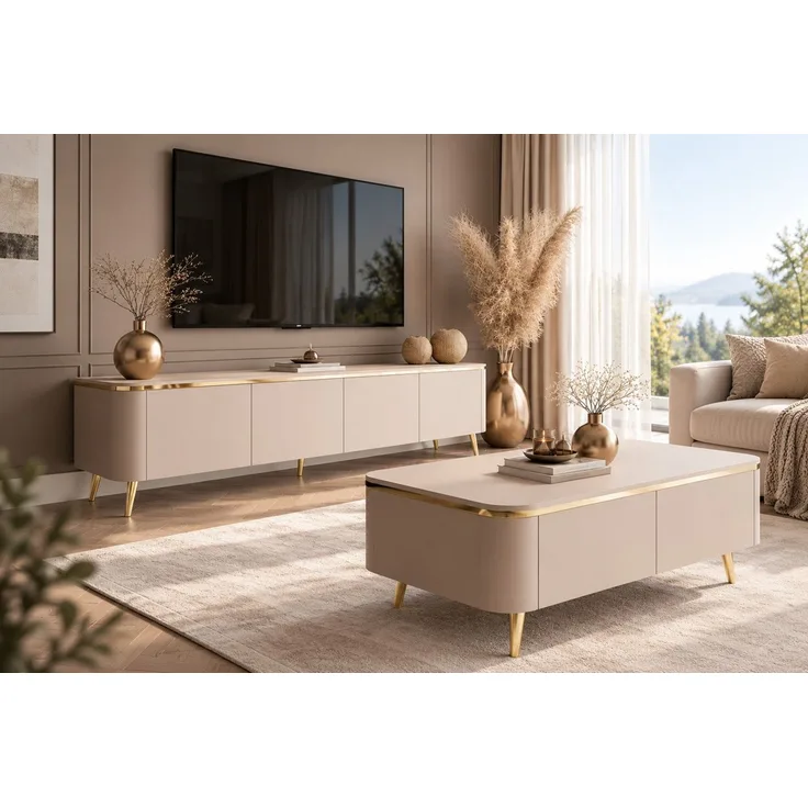 ALLHOUSE24 Wohnzimmer-Set LINE - TV-Schrank, Couchtisch, Kaschmir matt / Gold Metallfüßen, (2-St, Das Set besteht aus: TV Schrank, Couchtisch), Breite: TV Schrank 200 cm, Couchtisch: 90 cm