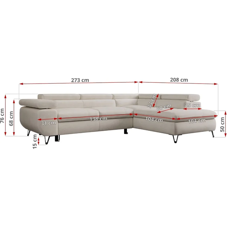 Mks Möbel 'Peter L-form' Ecksofa mit Bettfunktion, Bettkasten & einstellbaren Kopfstützen, Hellbeige, Mikrofaser, mit Topper, links – Bild 7