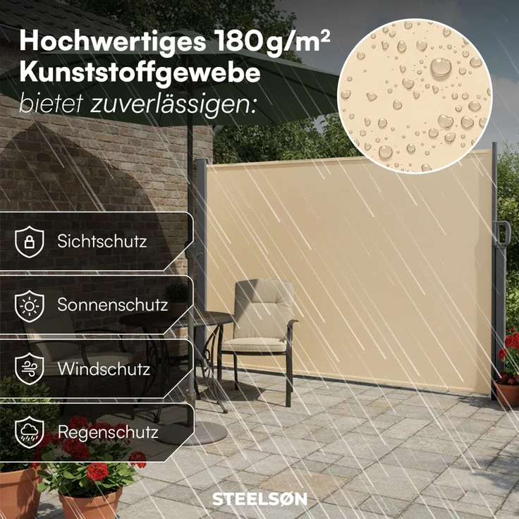 STEELSØN 'Zirella' Seitenmarkise mit Aluminium-Kassette, ausziehbar, 160x400 cm, beige/anthrazit, Windschutz, wetterfest und blickdicht – Bild 3