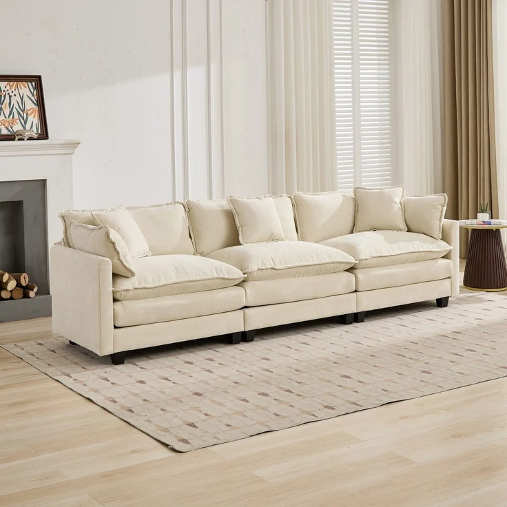 ZUBALIYA Sofa mit LED - Beleuchtung, mit Chenille - Bezug, mit Cordbezug, modular aufgebaut, aus Chenille, Beige – Bild 1