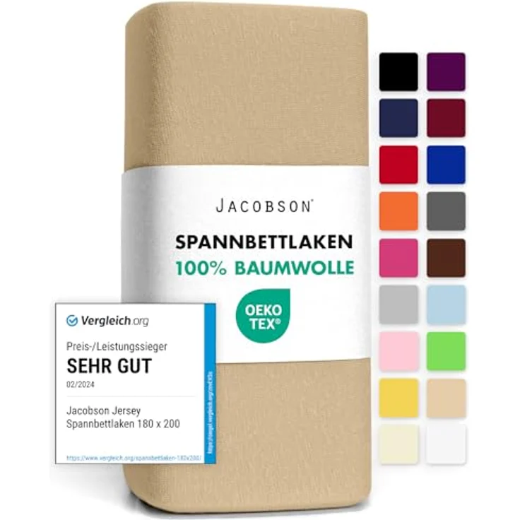 Jacobson Jersey Spannbettlaken Spannbetttuch Baumwolle Bettlaken (140x200-160x200 cm, Beige) – Bild 2