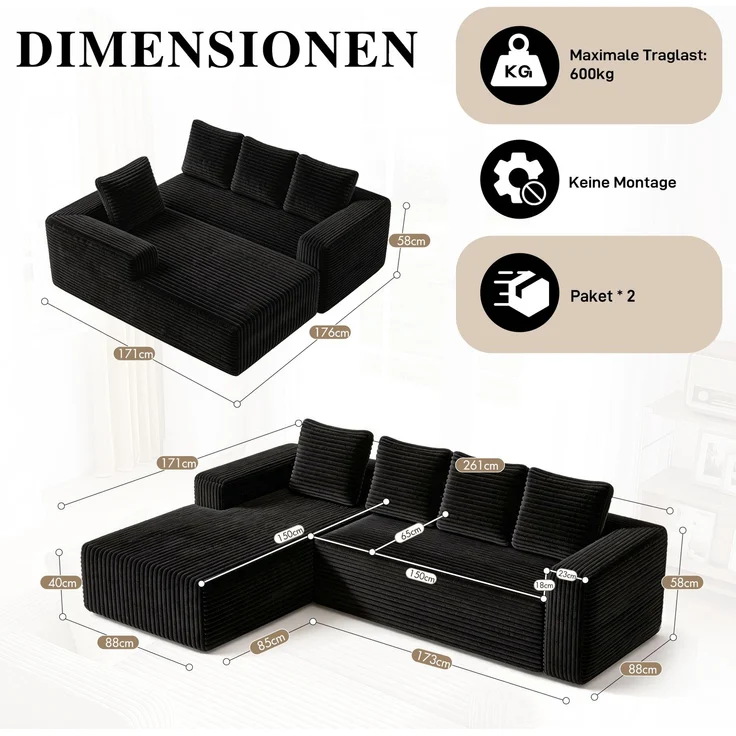 EINHOM Cloud Ecksofa mit L-Shape Recamieren, Modern Modular Sofa mit Deep Seat, Upholstered Sofaes mit Right Facing Recamieren für Wohnzimmer Schlafzimmer, Keine Montage erforderlich, Schwarz (Plush Corduroy Fabric) – Bild 2