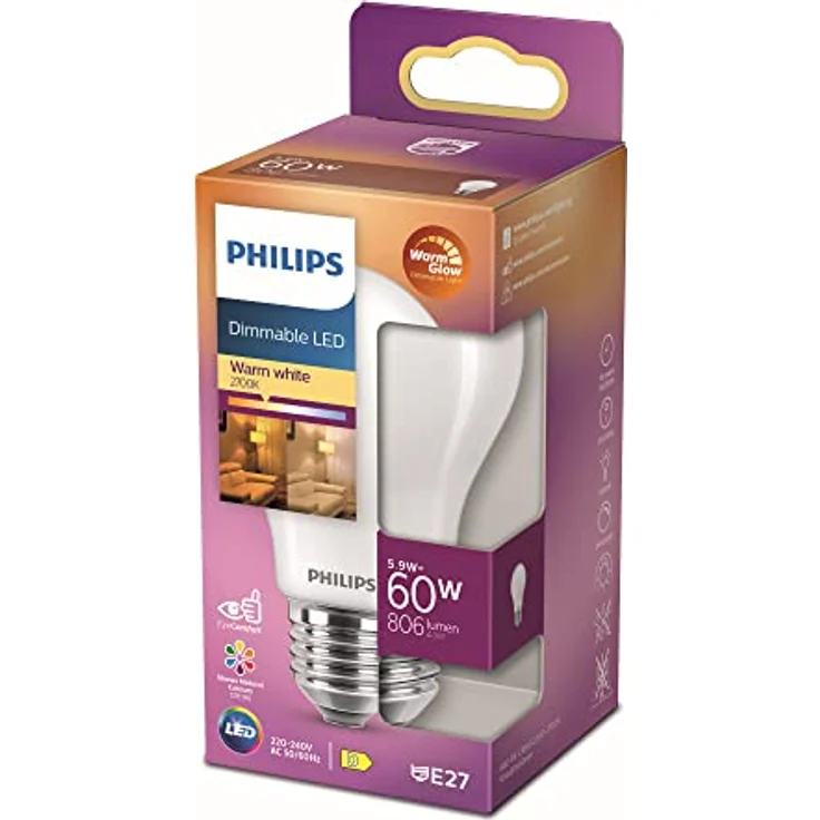 Philips Filament-Lampe E27, dimmbar, 806 lm, 5,9 W, warmes Glühen, Milchglas – Bild 1
