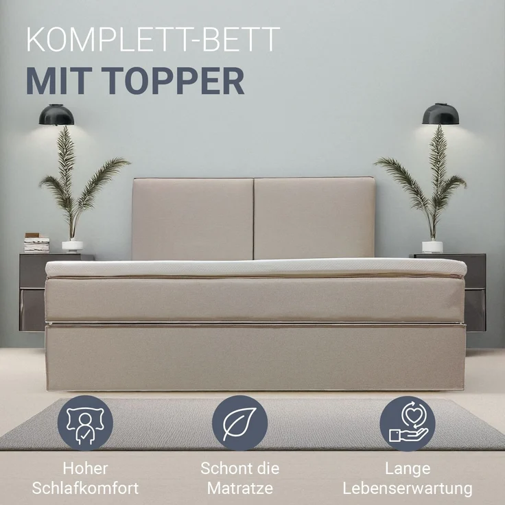 Juskys Boxspringbett Detroit 180x200 cm - Hochwertiger Chenille Stoff, inklusive Topper, komfortable Einstiegshöhe - Beige – Bild 4