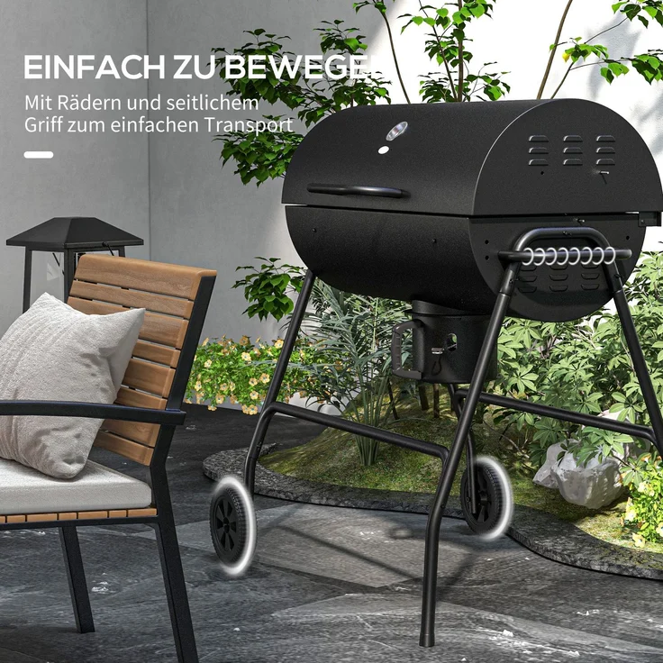JARDJ Holzkohlegrill aus Metall BBQ Smoker mit Deckel Thermometer Räder Grillwagen 95x71,5x102 cm Schwarz – Bild 8