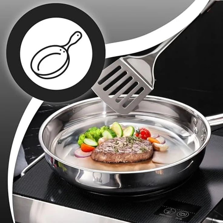 Retoo Topf-Set OR205, 15-teiliges Kochgeschirr-Set aus Edelstahl mit 4 Töpfen, 1 Pfanne, 6 Glasdeckeln und Küchenhelfern, Silber, für alle Herdarten – Bild 5