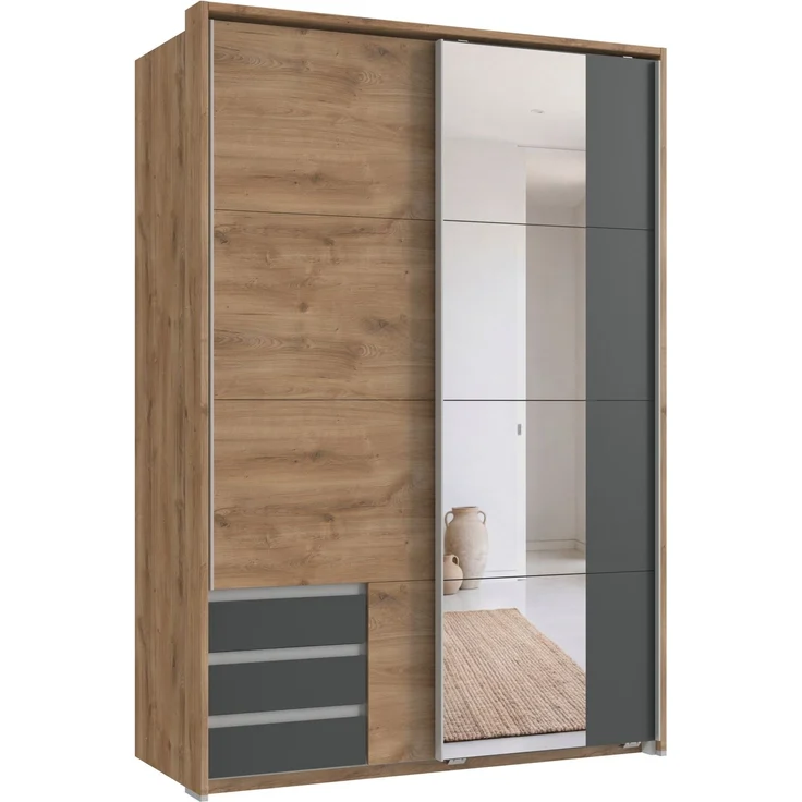 Schwebetürenschrank Kleiderschrank 138cm Eiche Dekor Grafit Spiegel Passepartout – Bild 1