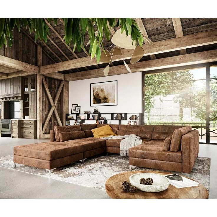DELIFE Wohnlandschaft Elio, Lederimitat Vintage Braun Antik 300x185 cm mit Hocker Wohnlandschaft – Bild 5