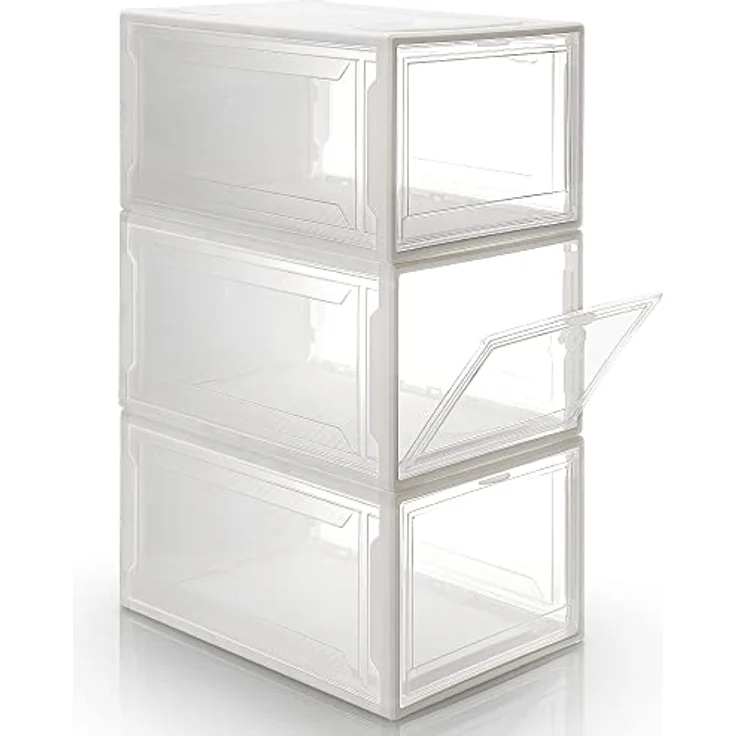 Yorbay Schuhbox 3er Set Schuhbox, stapelbarer Schuhorganizer, Schuhaufbewahrung (Kunststoffbox mit halbdurchsichtige Tür), Halbdurchsichtig weiß, für Schuhe bis Größe 48 – Bild 2