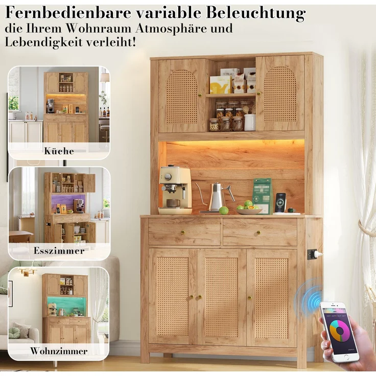 Küchenschrank 100 x 40 x 180 cm mit RGB-LED-Beleuchtung und Rattantüren – Bild 8
