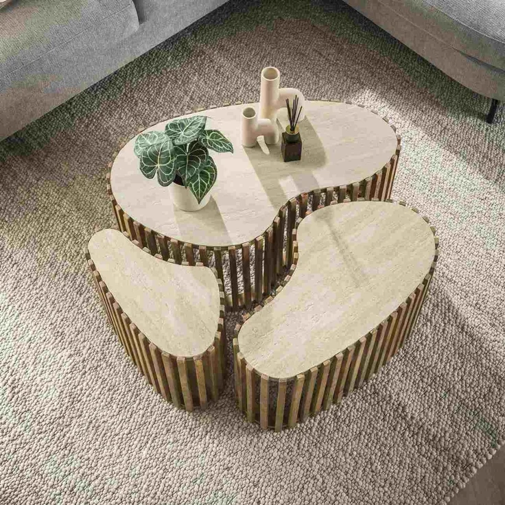 Couchtisch 3er-Set Tratin aus massivem Mangoholz, skandinavisches Design, nierenförmig, natur-beige – Bild 3