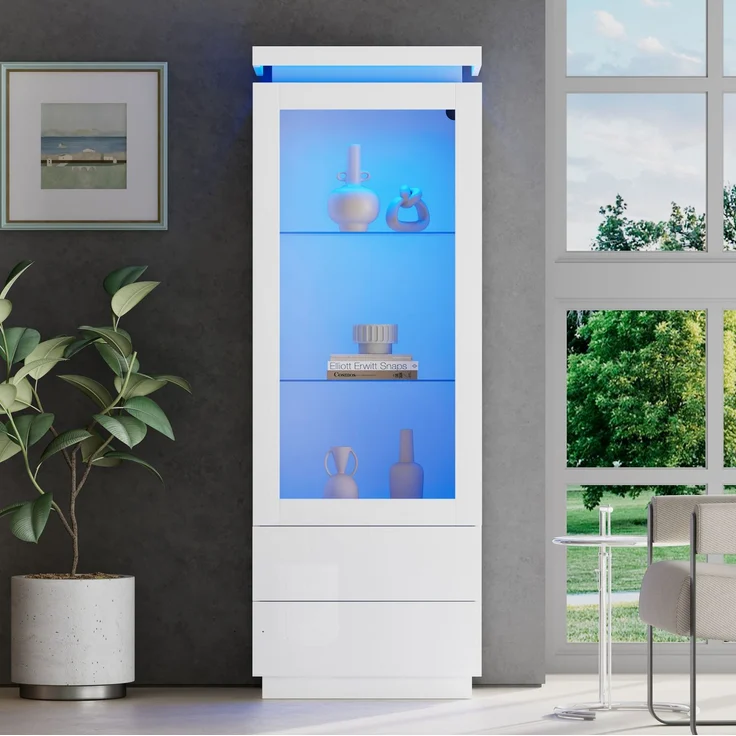DESVIAE Vitrine mit 2 Schubladen und LED-Beleuchtung 60x171x40 cm Spanplatte Weiß – Bild 1
