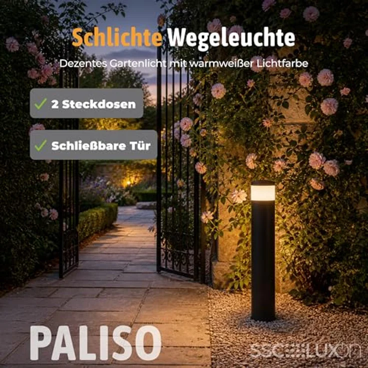 SSC-LUXon PALISO Energiesäule, schwarze Pollerleuchte mit 2 geschützten Steckdosen und G9 3W LED warmweiß, IP44, Ø 90 x 460 mm – Bild 2