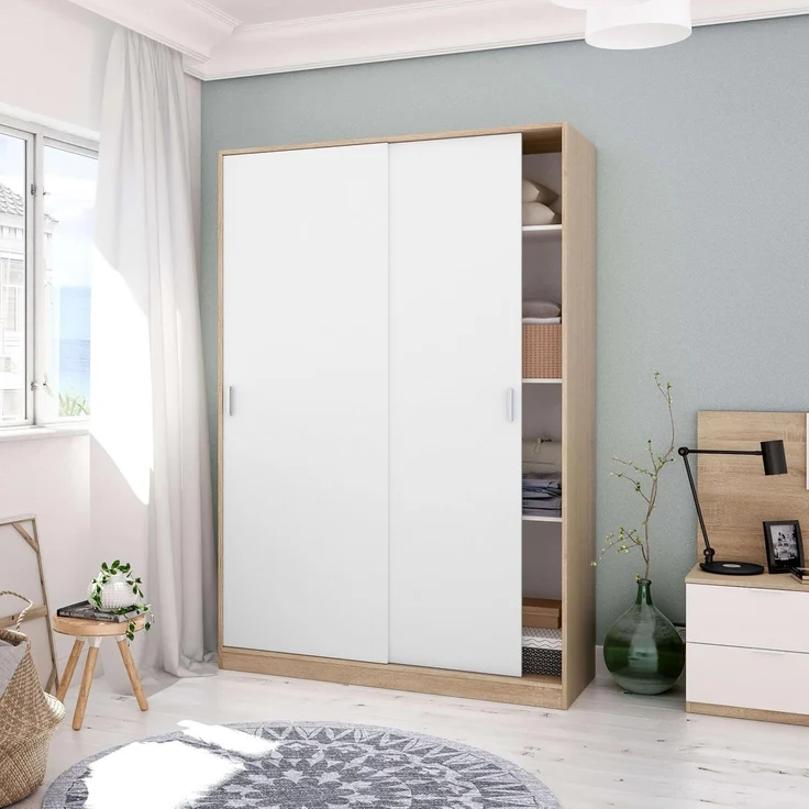 Kleiderschrank mit Zwei Schiebetüren und DREI Einlegeböden, Eichenfarbe und Mattweiß, Maße 120 x 200 x 50 cm – Bild 2