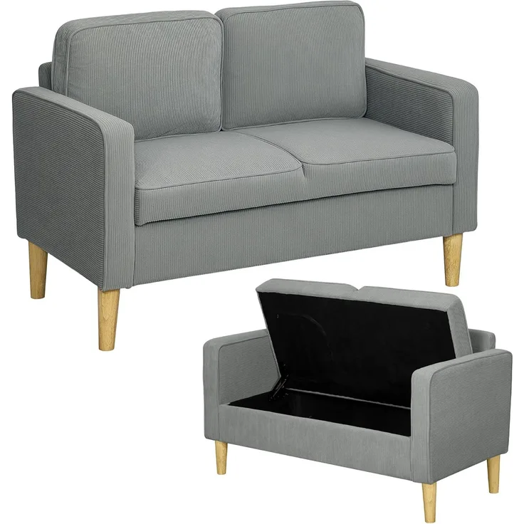 HOMCOM 2-Sitzer Sofa klein Couch mit Armlehne, Stauraum, Loungesofa 1 Teile, für Wohnzimmer, Schlafzimmer, 117 x 63 x 79 cm, Hellgrau
