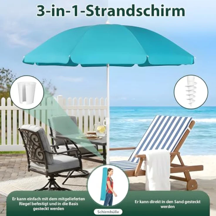 SUNULA Sonnenschirm 160 cm, Balkonschirm knickbar mit Bodenhülse & Schutzhülle, höhenverstellbar, neigbar, UV-Schutz 50+, Farbe Weiß mit silbernem Mast – Bild 2