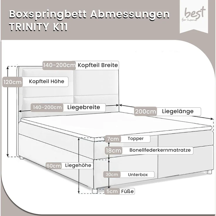 Best for Home Boxspringbett mit Bettkasten Trinity K11 Bonell-Matratze inkl. 7 cm Topper (Polsterbett Doppelbett Boxbett mit gepolstertes Kopfteil, versch. Größen, 140x200 160x200 180x200 200x200 cm), Handwerksqualität – Bild 2