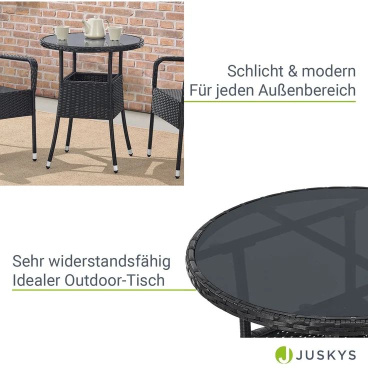 Juskys Polyrattan Gartentisch Yoro wetterfest - Balkontisch Ø 60 cm rund - Rattan Beistelltisch mit Glasplatte - kleiner Tisch für Balkon - Schwarz – Bild 3