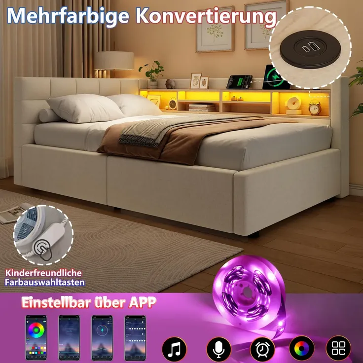 Polsterbett mit LED-Streifen, Lattenrost, Regal, Aufbewahrung, Type-C und USB, gepolsterter Kopfteil, 90x200 cm, Schlafsofa, Tagesbett, Leinen – Bild 5