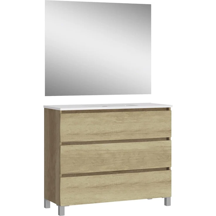 Baikal, Natura Badezimmerschrank mit reduziertem Boden, mit Keramikwaschbecken, DREI Schubladen, montierter Schrank, DREI Schubladen mit Spiegel, Boden 39 cm, 100 cm Nature