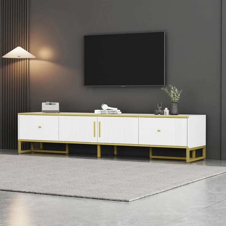 HAUSS SPOLE Lowboard mit goldener Umrandung, 2 Türen, 2 Schubladen, verstellbaren Füßen (Fernsehtisch, TV-Ständer, 1 St, 2 Türen, 2 Schubladen), mir verstellbaren Füßen und Kabelmanagement – Bild 2
