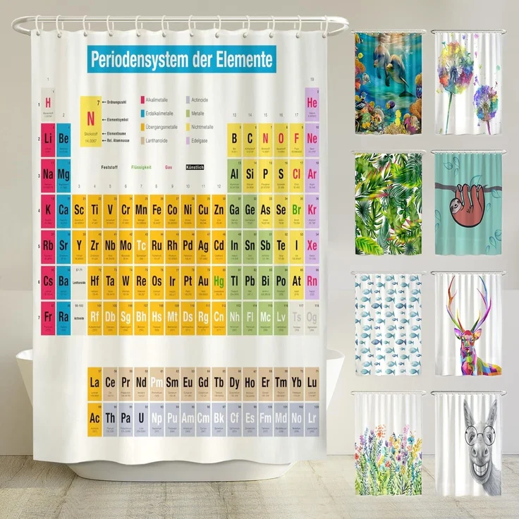 arteneur® - Periodensystem Deutsch - Anti-Schimmel Duschvorhang 200x220 - Recycelt mit Öko-Tex Standard 100 - Beschwerter Saum, Blickdicht, Wasserdicht, Waschbar, 12 Ringe & E-Book
