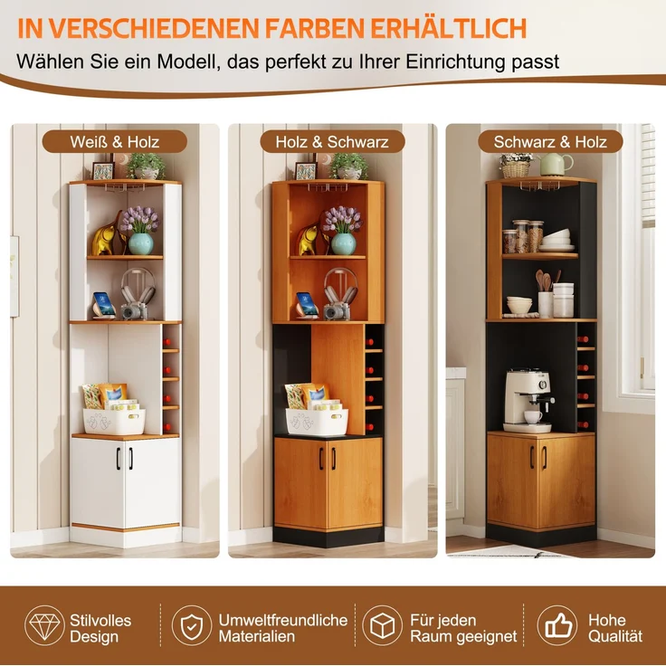 Eck-Weinschrank aus MDF mit Weinglasregal und 4 Weinfächern, 40x40x182 cm, Natur – Bild 8