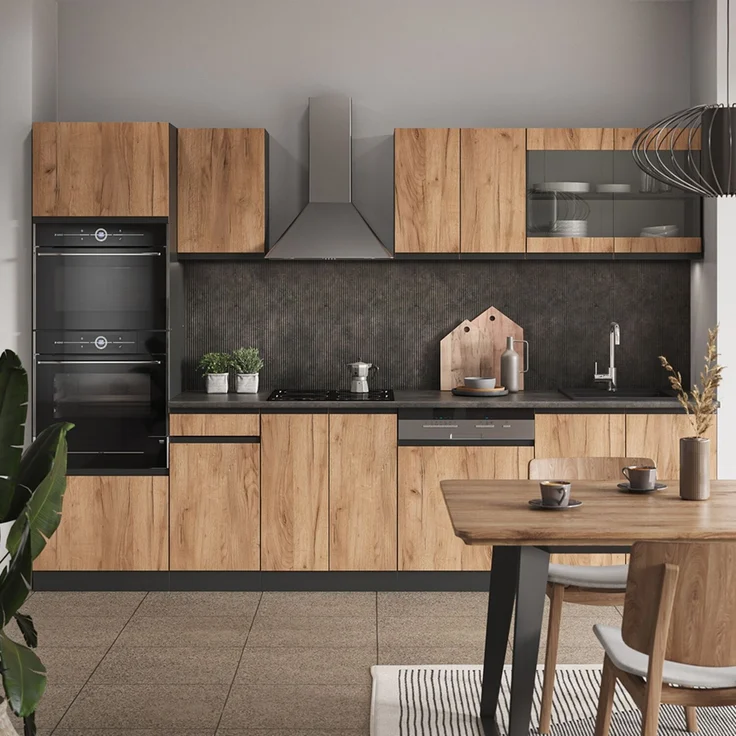 Küchenzeile R-Line Goldkraft Eiche/Anthrazit 300 cm J-Shape mit Hochschrank, AP Anthrazit Vicco – Bild 4
