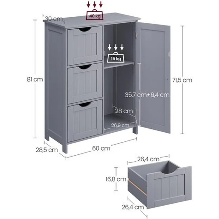 Vasagle Badezimmerschrank, schmaler Badschrank, Beistellschrank, Kommode, mit Schubladen, Schranktür, verstellbare Ablage, x x cm,, Taubengrau, 3 – Bild 5