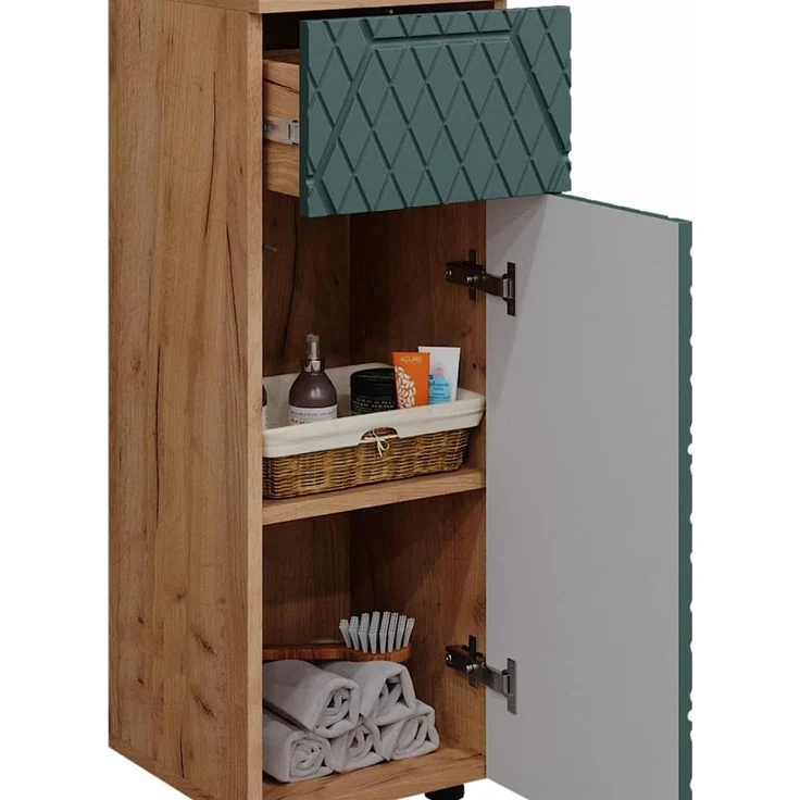 Midischrank Irma Grün/Goldkraft Eiche 30 x 81 cm mit 1 Schublade, 2 Fächer, Badezimmer Vicco – Bild 6