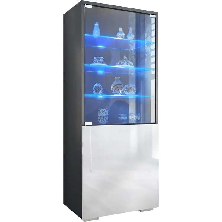 Vladon Standvitrine Granada (Vitrinenschrank, mit Glastür und Glaseinsatz inkl. LED) Anthrazit matt/Weiß Hochglanz (50 x 122,5 x 34,5 cm)