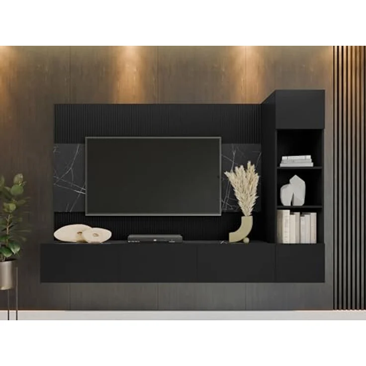 Mirjan24 Wohnwand, Schwarz, Holzwerkstoff in Marmor Optik, 220x150x38 cm, modernes Anbauelement für Wohnzimmer – Bild 4