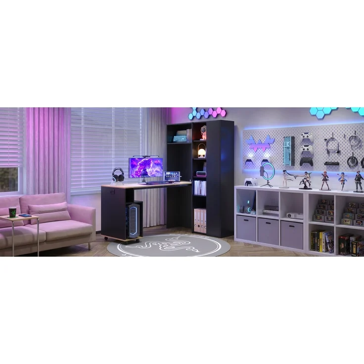 ZUBALIYA Klappbarer Schreibtisch mit Ablagen –2-in-1-Bücherregal und Schreibtisch, klappbar, mit Steckdose und USB-Anschluss, höhenverstellbare Ablagen, Kippschutz, Schreibtisch,Eck-Schreibtisch-rechts – Bild 16