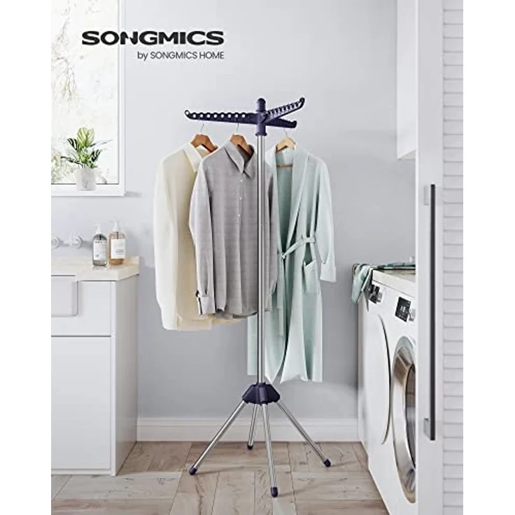 SONGMICS Wäscheständer, Standtrockner, 3 drehbare Armen für Kleiderbügel, Wäschespinne, 4 Beine, für Innenbereich, Edelstahl, für bis zu 27 Kleidungsstücke, 150 cm hoch – Bild 2
