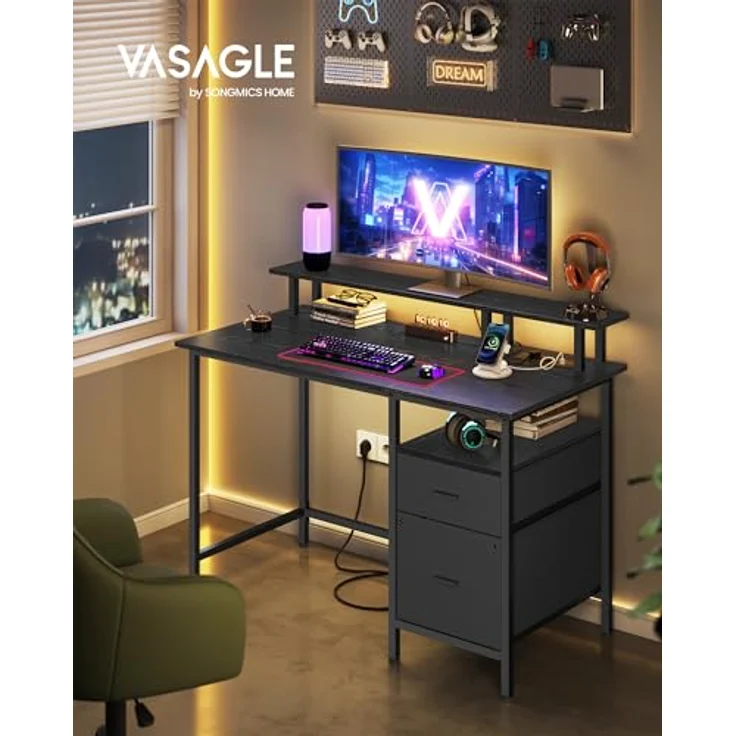 VASAGLE Gaming-Schreibtisch, mit Schubladen aus Stoff, Computertisch mit Bildschirmhalterung, Mehrfachsteckdose, 2 USB-Anschlüsse, für Heimbüro, 120x60 cm, Schwarz Holz LWD093B01V1 – Bild 2
