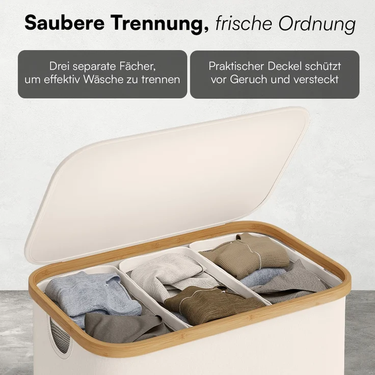 Bellamio 'Tolt' Wäschesammler aus Stoff mit Bambus, mit Deckel, 150L, drei Fächer, mit herausnehmbaren und waschbarem Wäschesack, zusammenklappbar, beige – Bild 3
