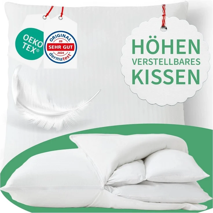 Welldora Kopfkissen Höhenverstellbar, Ergonomische Innovation: Anpassbar fest bis weich, Füllung: 100% Daunenfasern & Federn, Kissen fachärztlich geprüft, Oeko-Tex Zertifiziert in Deutschland – Bild 5