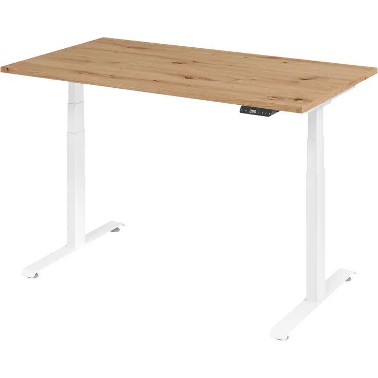 bümö höhenverstellbarer Schreibtisch 140 x 80 cm in Asteiche, Gestell: weiß - Stehschreibtisch mit 3-fach Speicher elektrisch höhenverstellbar, Computertisch, Ergonomischer Bürotisch, LXK65-14-R-W