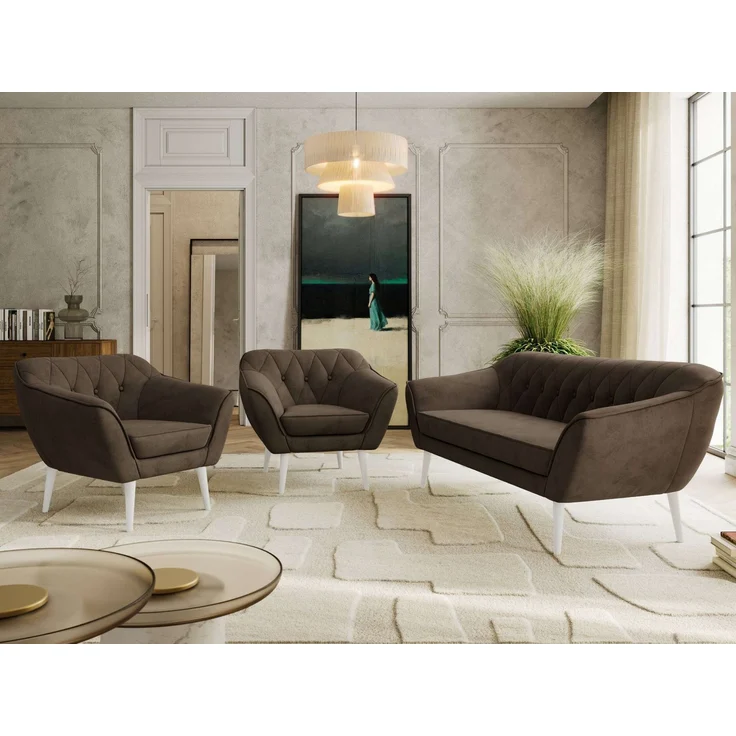 Wohnzimmerset PIRS 1-1-3, Skandinavisches 3-Sitzer Sofa mit Sesseln, Sofa mit Wellenfederung, weiße Füße, Skandinavisches Möbelset - Braun Velvet – Bild 1