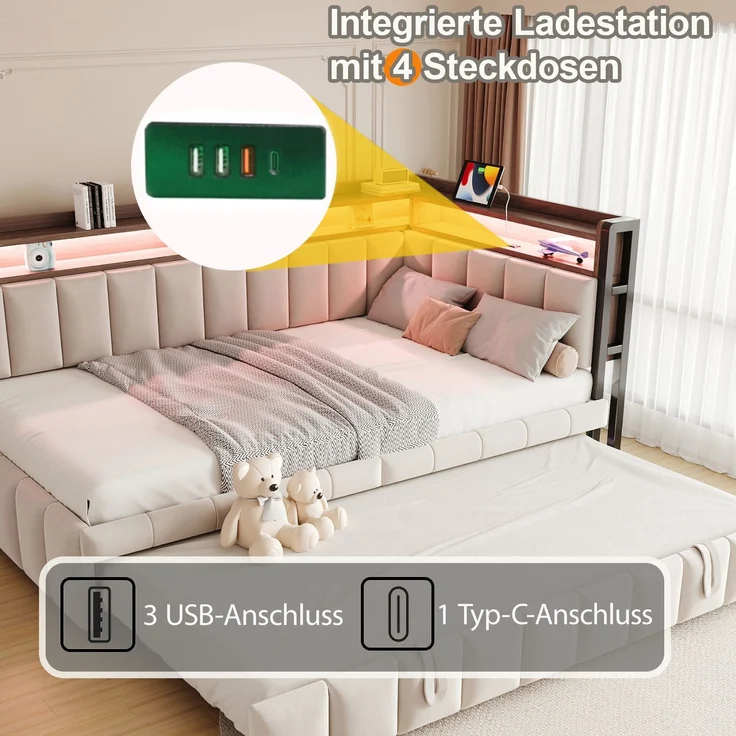Ausziehbett mit Liegefläche 90×200 cm und Auszug 90×190 cm, LED-Beleuchtung, Beige, ohne Matratze – Bild 7