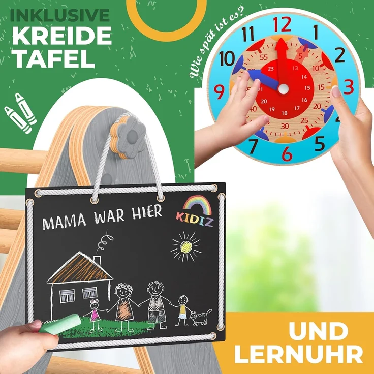 KIDIZ® Klettergerüst Montessori 7in1 Spiel-Set mit Kletterbogen Rutsche Kletterdreieck aus Holz inklusive Kissen, Tafel & Lern-Uhr | Indoor Spielplatz für Kleinkinder ab 1 Jahr & Kinder bis 3 Jahre Grau / Hellbraun – Bild 9