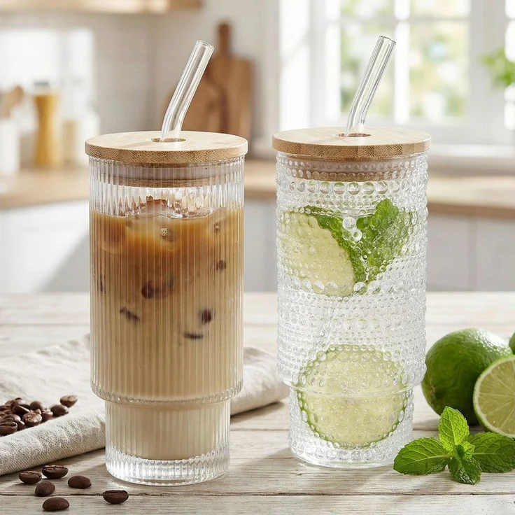 Levandeo® Glas, 2er Set Trinkglas Deckel Strohhalm 250ml Bambusdeckel Trinkbecher – Bild 1