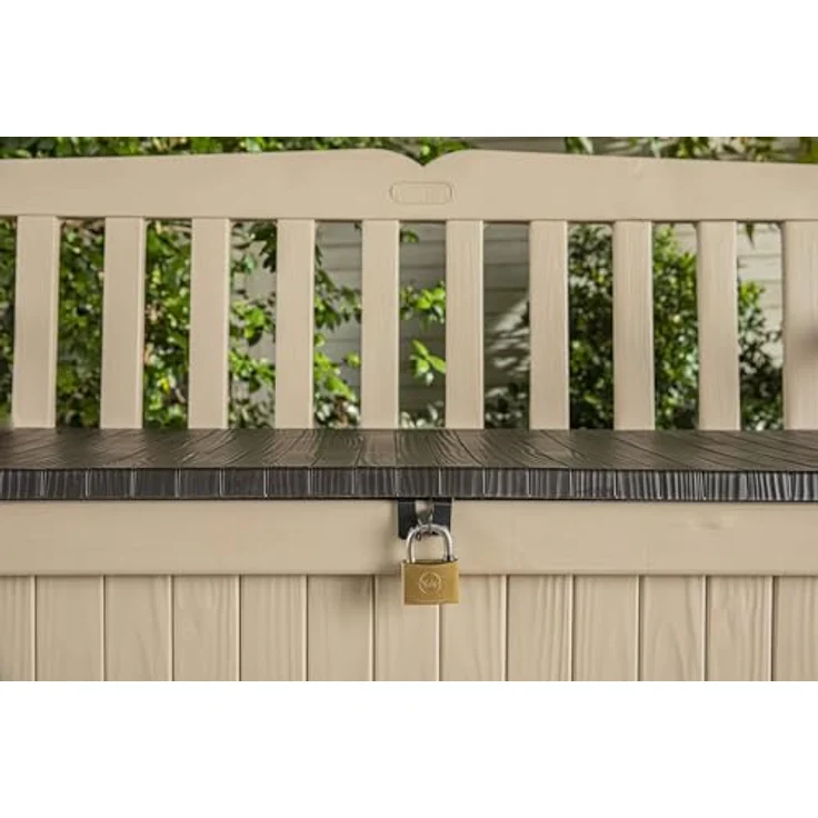 Keter Sitzbank Eden für Balkon und Garten, Gartenbank mit integrierter Kissenbox mit 265 l Stauraum, 140 x 60 x 84 cm, wetterfest, pflegeleicht, beige, Outdoor, Holzoptik – Bild 7