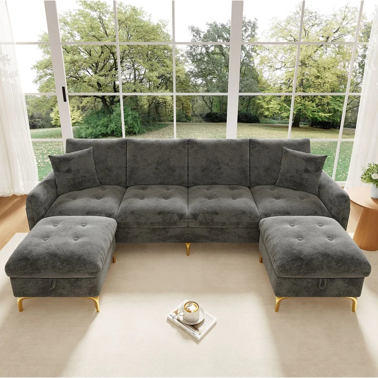 Wohnlandschaft 263x137x85 cm in Grau mit Stauraumhockern und flexibel kombinierbaren Modulen – Bild 2
