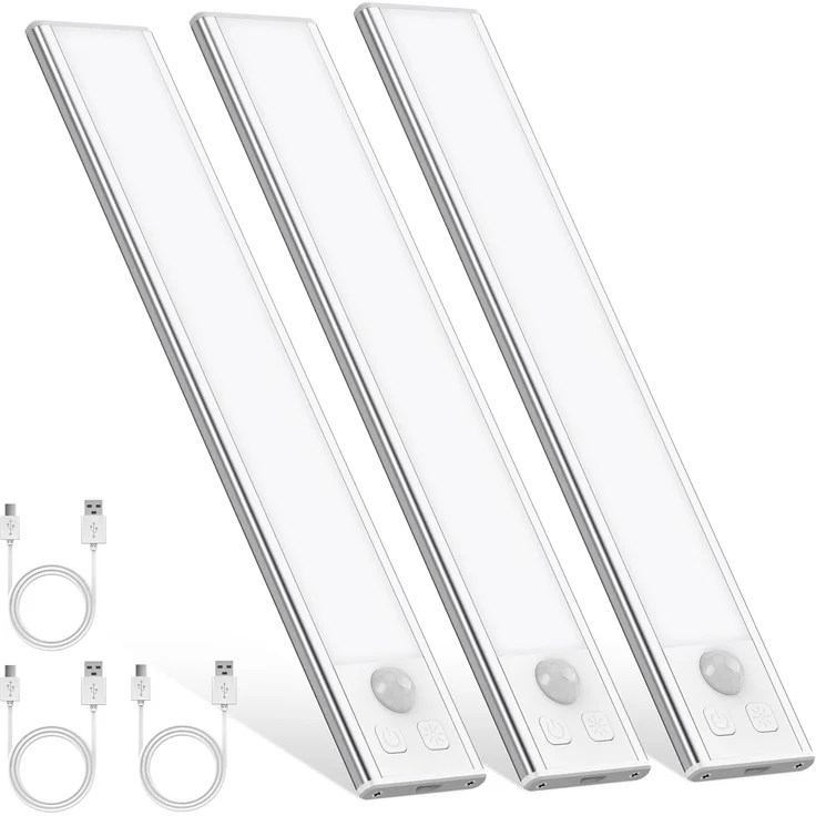 Schrankbeleuchtung LED mit Bewegungsmelder 20.5CM Unterbauleuchte Küche Stufenlose Dimmbar Unterbauleiste Led Leiste 1000mAh Aufladbar Nachtlicht für Küche Treppe Spiegelschrank Bücherregal 3 Stück – Bild 1