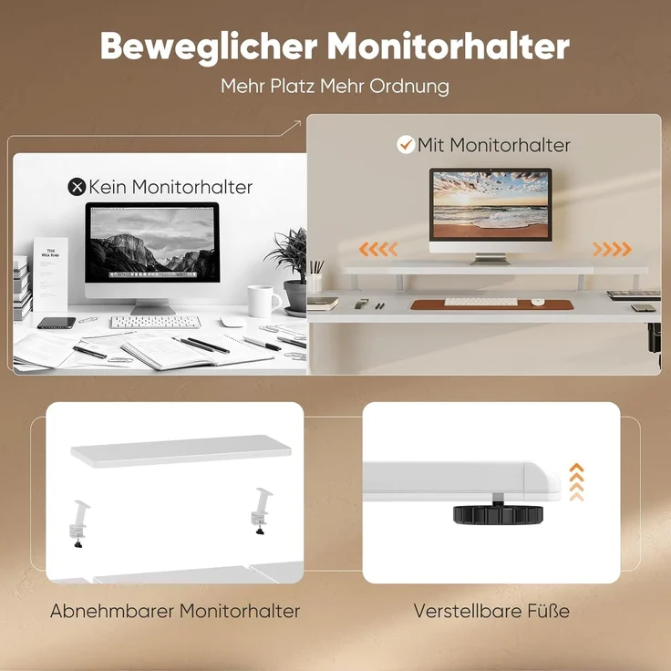 Sweetcrispy Höhenverstellbarer Schreibtisch mit Monitorständer, 120x60 cm Schreibtisch Höhenverstellbar Elektrisch, Ergonomischer Steh-Sitz Tisch, Computertisch Standing Desk, Weiß – Bild 5